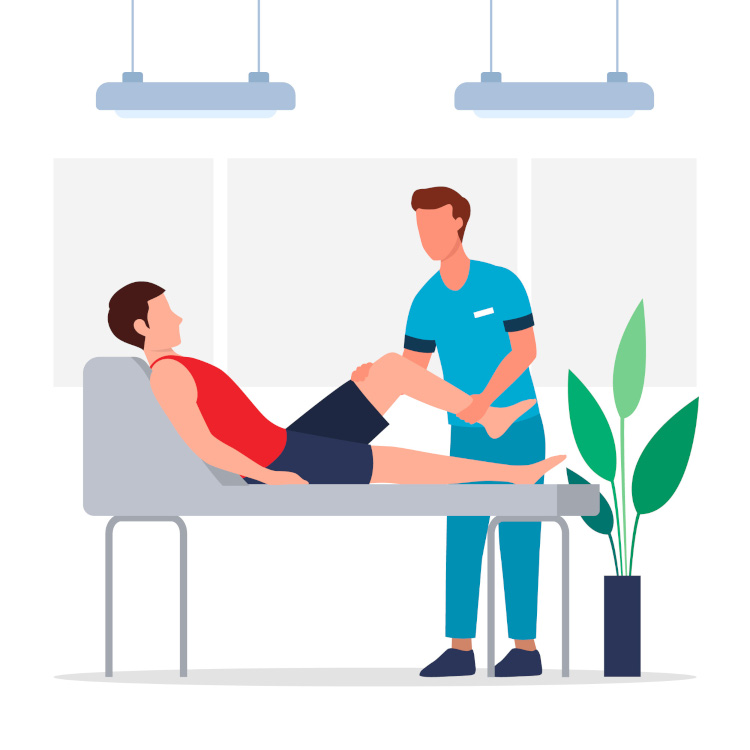 Ein Physiotherapeut in blauer Uniform führt eine Behandlung an einem Patienten durch, der auf einer Liege liegt.